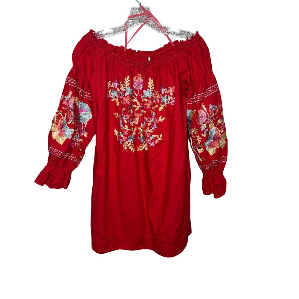 Free People Small Red Embroidered Boho Peasant Tunic Dress Off Shoulder Festival